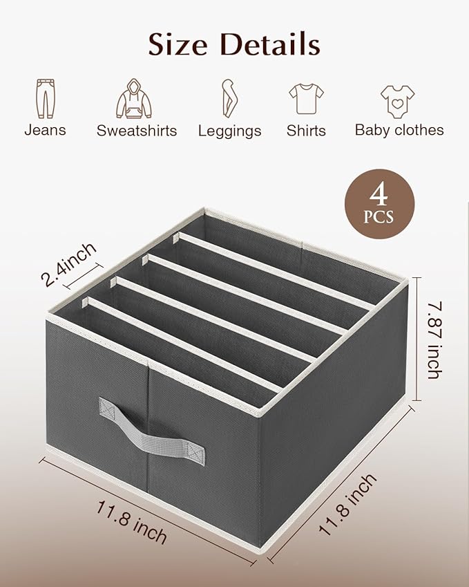 Clothes Organizers and Storage - Fabric Jeans Organizer with Handles, Foldable Drawer Dividers for Clothes, Closet Shelf Organizer for Shirts, Bra, Sweater, Scarf, 4 Pack, Dark Grey