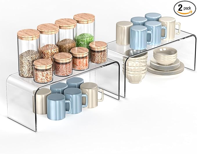 Clear Cabinet Shelf Organizers, 2 Pack Shelf Risers Kitchen Cabinets, Spice Rack for Dishes, Soda Cans and Cup（11.8 x 4.72 x 4.72 Inch）
