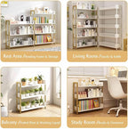 Wide Open Shelf Bookcase - Modern 3-Tier Floor Standing Display Bookshelf with Three-Side Panels for Home and Office, Storage Shelving in Warm White with Gold Frame
