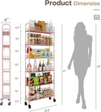 6 Tier Slim Rolling Storage Cart with Wheels, Metal Mobile Shelving Unit Organizer Utility Cart for Office Bathroom Kitchen Laundry Room Narrow Places (Pink 6 Inches)