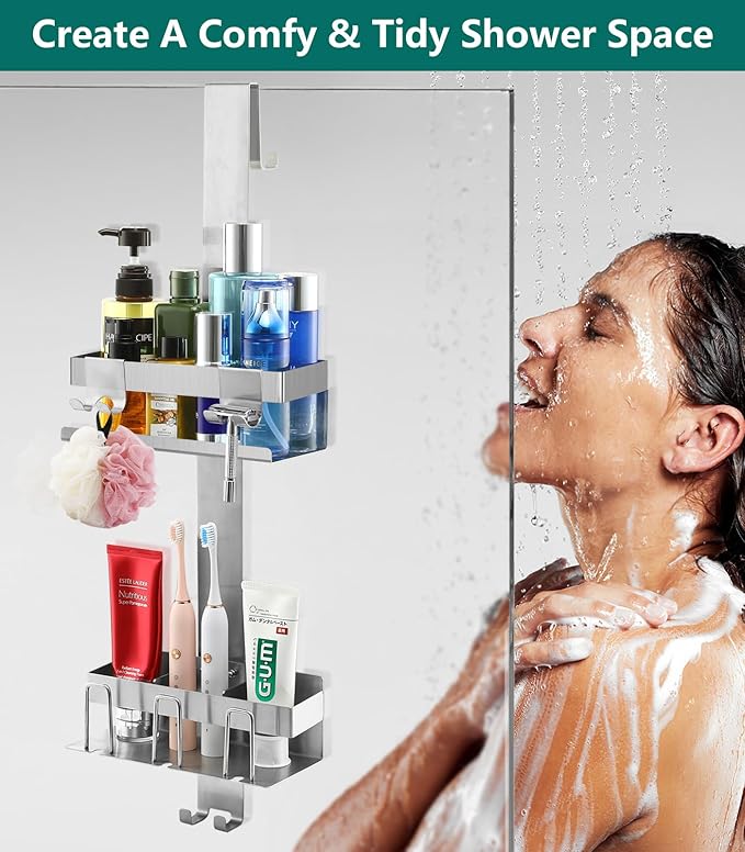Over The Door Shower Caddy 2 Tier, 304 Stainless Steel Hanging Shower Caddy Rustproof Shower Shelves, No Drilling Hanging Shower Organizer for Bathroom Glass Door, Silver