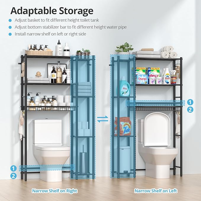 Over the Toilet Storage Shelf - Bathroom Organizer Rack with 7-Tier Shelves, Adjustable Metal Shelf Above Toilet for Towel, Decor, and Bath Essentials, Freestanding Bathroom Space Saver, Black