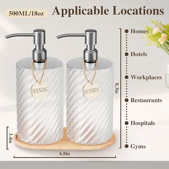 Glass Hand Soap Dispenser Bathroom Set,Dish Soap Dispenser for Kitchen Sink with Wood Tray & Silver Stainless Steel Pump,Spiral Stripe Design