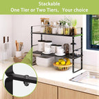 Expandable Cabinet Shelf Organizer Rack, Stackable Kitchen Counter Storage Shelves Stand, Adjustable Height Pantry Shelf Spice Rack (Black, 1 Pack)