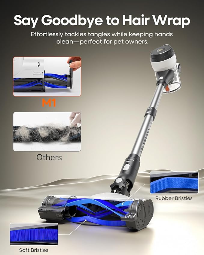 YONNDER Cordless Vacuum Cleaner, 48KPA/550W/60Mins Powerful Stick Vacuum for Home, Anti-Tangle, Self-Standing, Lightweight, Charging Dock, Vacuum Cleaner for Hardwood Floor/Carpet/Pet Hair/Car, M1