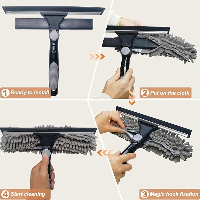 2 in 1 Window Washing Squeegee & Duster Window Cleaning Tool with 2 Pad Compatible with Standard 3/4 Inch Threaded Poles for Home Indoor Outdoor Window Washing//Duster Head Only (Gray)