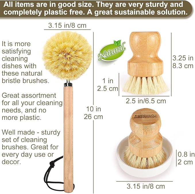 Wooden Dish Brush Set Clean Pots, Pans and Vegetable, Natural Bristles Bamboo Scrub Brushes with Ceramic Dish - 1 Long Handle Dish Brush + 2 Palm Scrubbing Brush