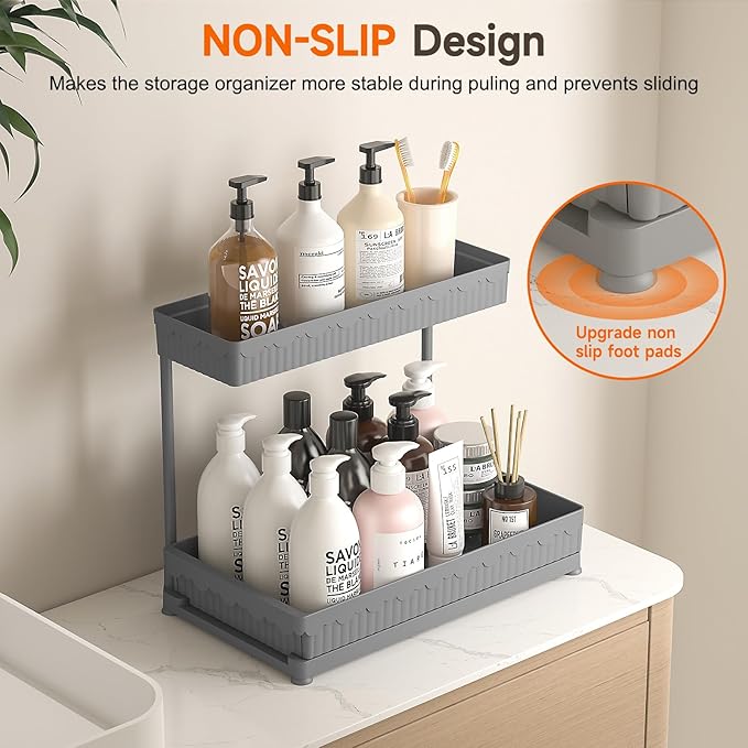 3 Pack Multi-Purpose Under Sink Organizers and Storage, 2027 L-Shaped Pull Out Cabinet Organizer for Bathroom & Kitchen, Under Cabinet Organizer with Hooks Hanging Cup, Grey, Elevated