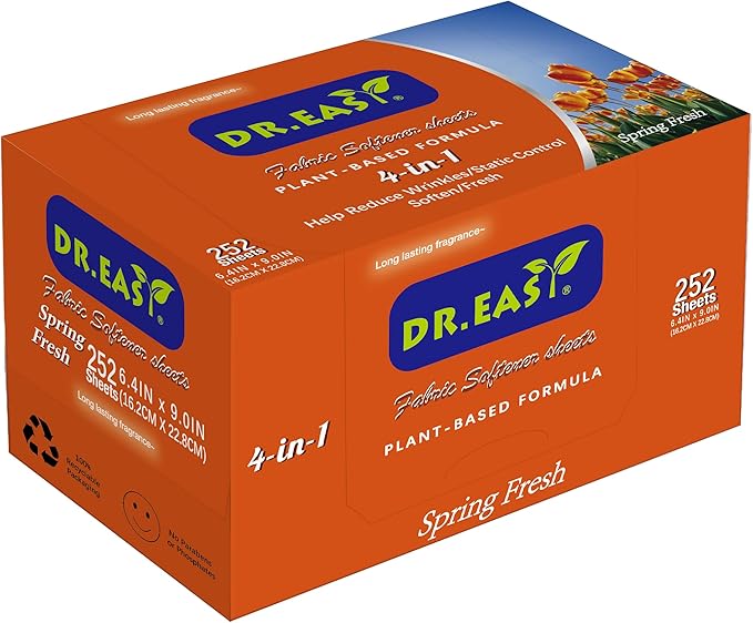 DR.EASY Dryer Sheets Plant Based Formula 252 Ct Fabric Softener sheets for Laundry Spring Fresh Essential Oil Scented No Artificial Fragrances No Dyes Reduce Static & Wrinkles Help Repel Pet Hair