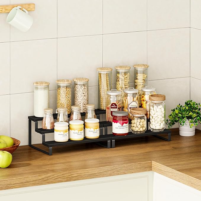 Giikin 3 Tier Spice Rack, Set of 2 Wooden Spice Rack for Countertop, Cabinet Organizer Shelf Kitchen Counter Storage Shelves Cupcake Stand Holder Display Stand, Black