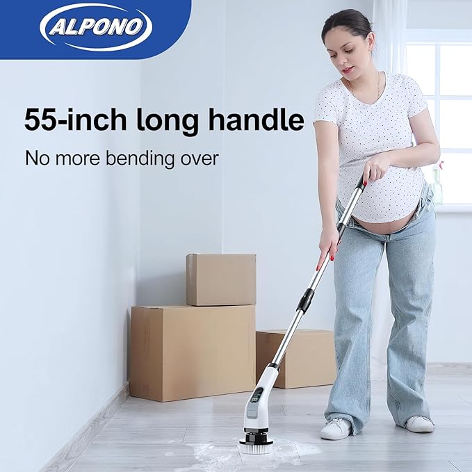 Electric Spin Scrubber with Long Handle: ALPONO Cordless Power Shower Scrubber Spin Brush with 7 Brush Replacement Heads for Cleaning Bathroom,Tub, Tile (Black)