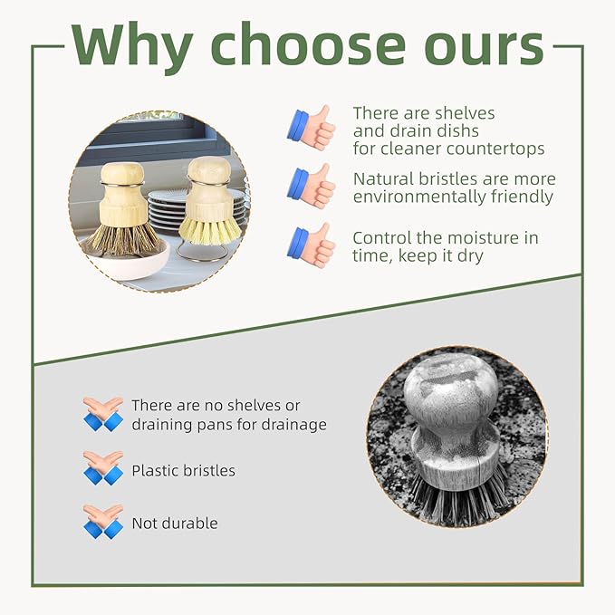 Bamboo Dish Brush Set with Holder - Natural Dish Scrub Brush for Cleaning Dishes, Fast Dry Design Kitchen Dish Brush for Sinks & Pots