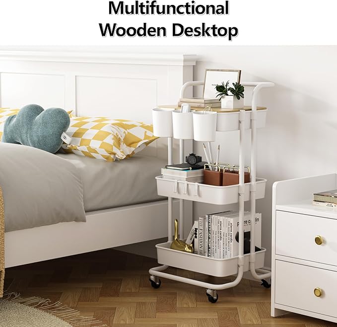 3 Tier Rolling Cart with Metal Handle, Table Top, Hanging Cups, Hooks, Plastic Storage Baskets& Wheels Lockable, Utility Cart for Bathroom Classroom Office Kitchen Pantry Organizers and Storage, White