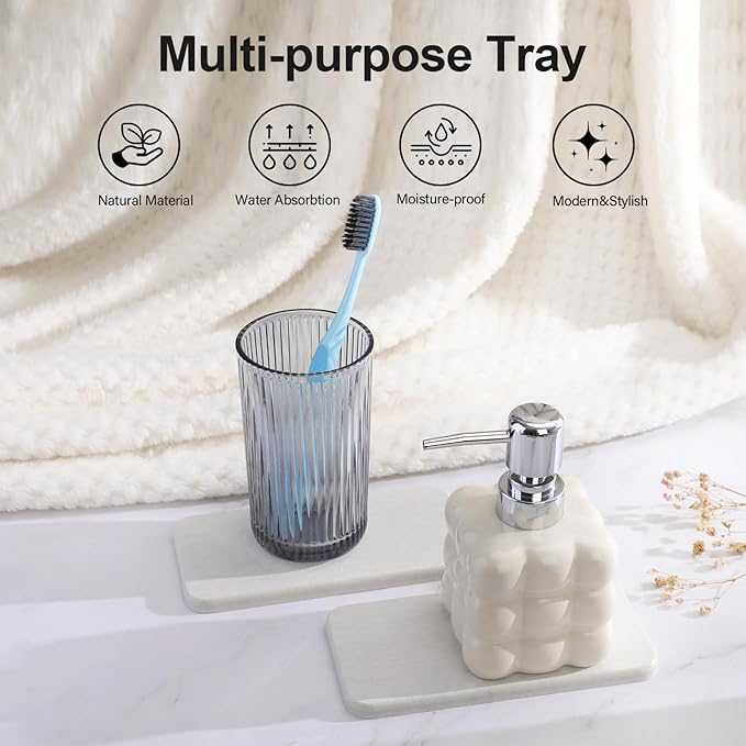 Water Absorbing Stone Tray for Sink | Quick Drying Diatomaceous Earth Coasters | Soap Dish Holder & Toothbrush Holder for Bathroom Counter | Hand Soap & Plant & Toiletries | Light Grey 2-Pack