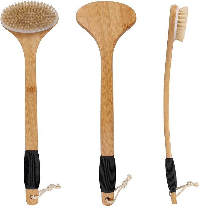 OWIIZI Back Scrub Brush for Shower,Stiff Boar Bristles Bamboo Curved Long Handle Antiskid Body Bath Brush for Back Use Wet or Dry,Deep Cleanse Large Surface Back Scrubber