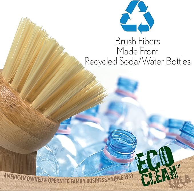 LOLA Products Eco Clean Bamboo Dish Brush | Multipurpose, Eco-Friendly | Durable Ergonomic Renewable Bamboo Handle for Maximum Cleaning Torque | Fibers Made from Recycled Soda/Water Bottles - 1 CT