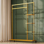 Gold clothing rack with shelves,Heavy Duty clothes rack with wheels,Rolling Garment Rack for hanging clothes with 4 flank Shelves,Portable Wardrobe Closets Organizer for Bedroom/Boutique