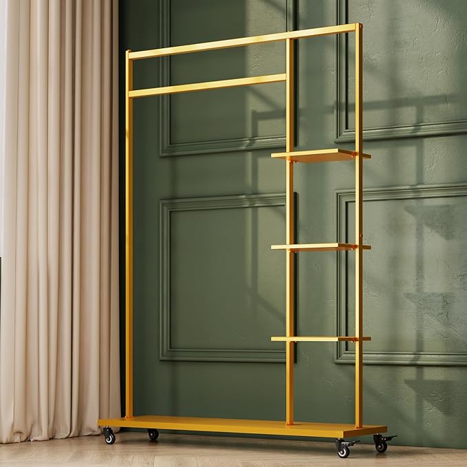 Gold clothing rack with shelves,Heavy Duty clothes rack with wheels,Rolling Garment Rack for hanging clothes with 4 flank Shelves,Portable Wardrobe Closets Organizer for Bedroom/Boutique
