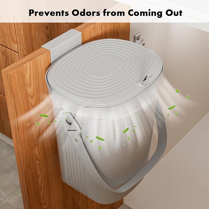 Mountable Kitchen Compost Bin for Counter Top or Under Sink, Hanging Trash Can with Lid for |Cupboard|Bathroom|Bedroom|Office|Camping, Indoor Compost Bucket, 2 Gallon Grey