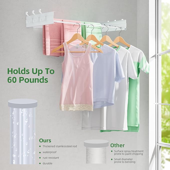 Wall Mounted Drying Rack 40", Foldable Laundry Clothes Drying Rack with 6 Towel Hooks and 5 Rods for Hanging Clothes, Space Saving for Indoor Outdoor Bathroom Balcony Laundry Room(40")