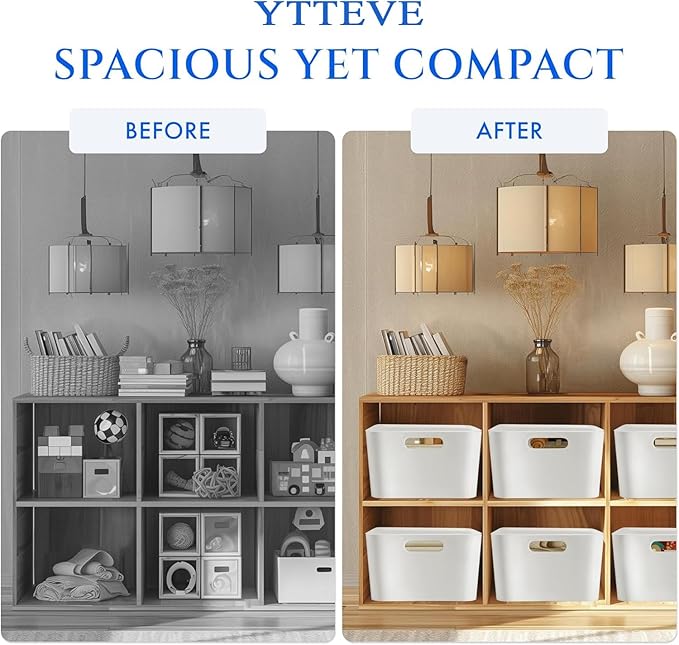 White large Storage Bins with 4 Pack for Organization for Pantry Bathroom Shelves Closet Cabinets, Stackable Plastic Storage Basket with Lid, Lidded Organizing Bin Containers for Shelf and Crafts