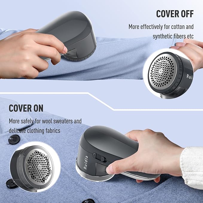 Ruidla Fabric Shaver Defuzzer, Electric Lint Remover, Rechargeable Sweater Shaver with Stainless Steel 3-Leaf Blades, Dual Protection, Removable Bin, Easy Remove Fuzz, Lint, Pills, Bobbles