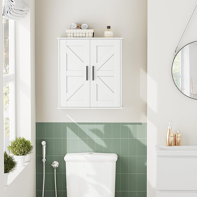 Bathroom Wall Cabinet, Over Toilet Storage Cabinet with Barn Doors and Adjustable Shelves, 3-Tier Medicine Cabinet Wall Mounted, for Bathroom, Kitchen, Entryway, Laundry Room, White, (7.9" D)