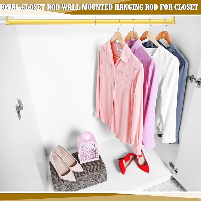 Tandefio Chrome Closet Rod 92 Inch with Oval Closet Rod 6 End Supports for Laundry Room Hanging Clothes Waterproof Shower for Curtains(Gold,2 Sets)