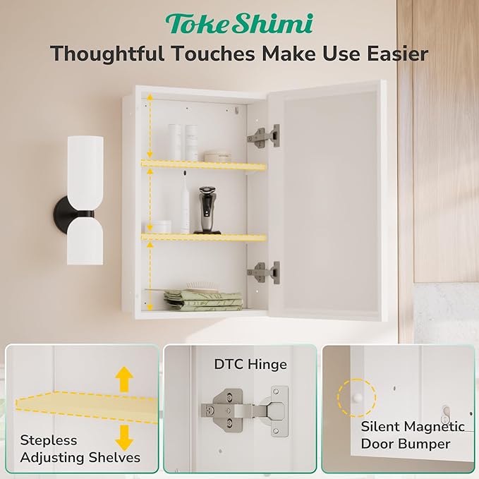 TokeShimi 24x30 Recessed Medicine Cabinet with Mirror Wall Mounted, Metal Beveled Mirror with Storage for Bathroom Vanity, Aluminum White Medicine Cabinet Mirrored