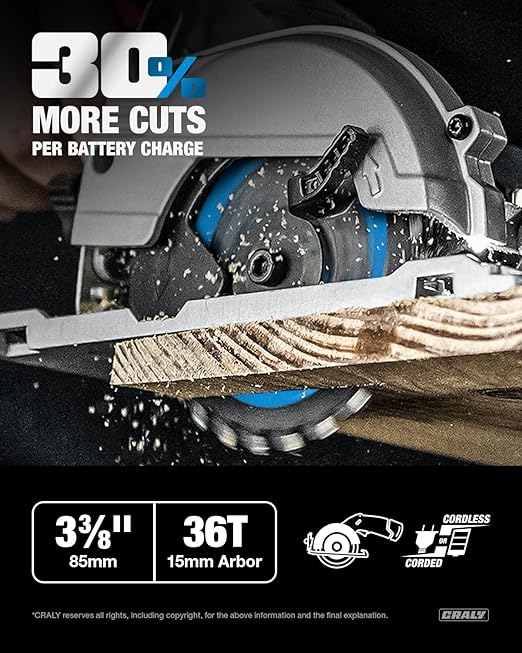CRALY 3-3/8 Inch 24&36 Teeth Wood Cutting Framing/Fine Finish Circular Saw Blade, 15mm Arbor, Carbide Tipped, Thin Kerf, Black Ice™ Coating, for Plywood, MDF, OSB, Laminated, 2-Pack(C032436-2)