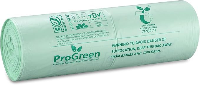 ProGreen Compostable Trash Bags 2.6 Gallon, 100 Count, Extra Thick 0.71 Mil, Small Compost Kitchen Bin Bags, Food Scraps Yard Waste Bags, Compost ASTM D6400 BPI and TÜV AUSTRIA Certified.