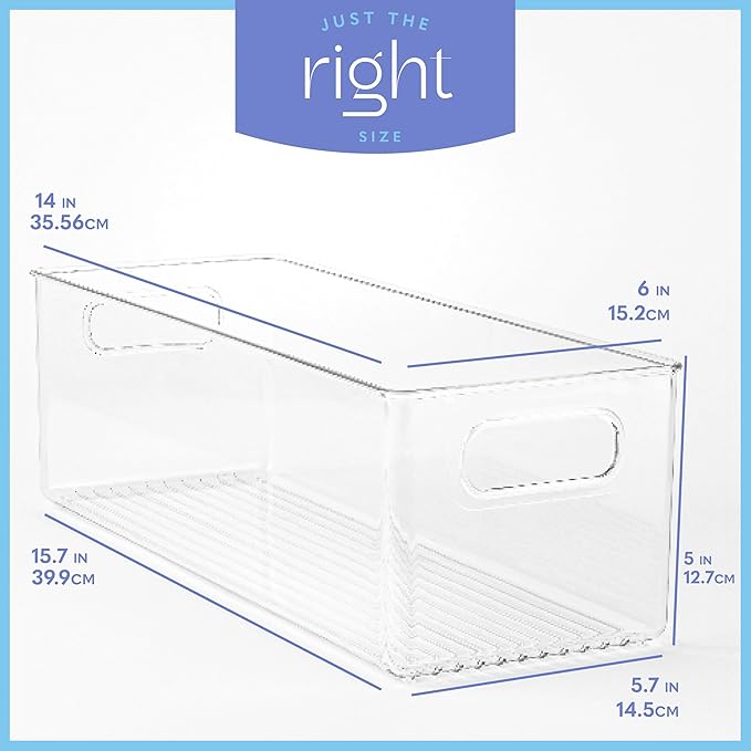 Plastic Food Storage 6 Pack Clear Container Bin with Handles for Organizing Kitchen, Pantry, Fridge, Freezer, Pantry, Bathroom. 14"x6"5"