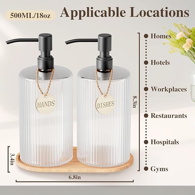 18Oz Kitchen Dish Soap Dispenser Set,Glass Hand Soap Dispenser Bathroom with Wood Tray & Black Stainless Steel Pump,Vertical Stripe Design