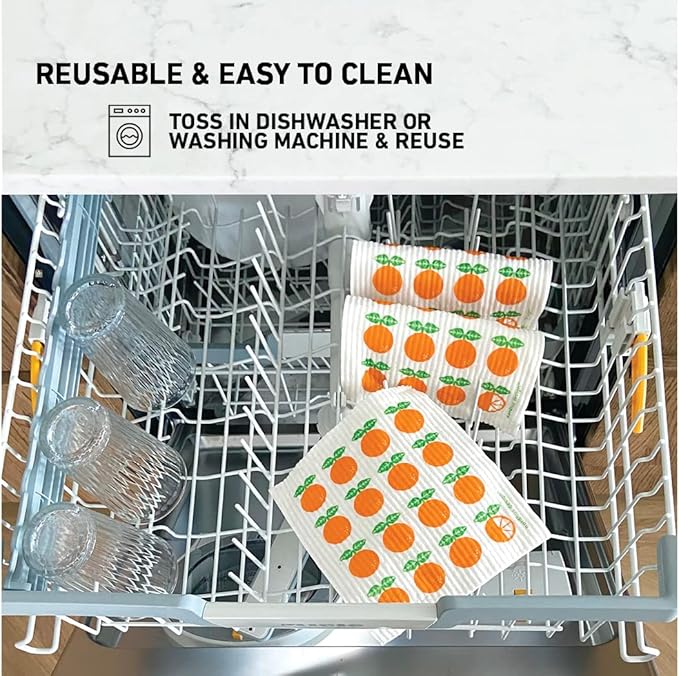 Nordhus Design Swedish Dishcloths, 5 Pack Oranges, Made in Sweden - Reusable, Washable Cellulose Cotton Kitchen Cloths - Replace Paper Towels, Wipes, Sponges, Dish Rags
