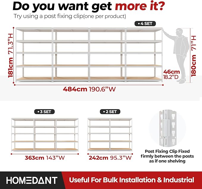 HOMEDANT White 5 Tier Laminated Boltless Heavy Duty Garage Storage Adjustable Wide Size Metal Shelving Unit Utility Rack Shelves Organization Shelf Shed Warehouse 47.7" W x 18.2" D x 71.3" H 2Pack