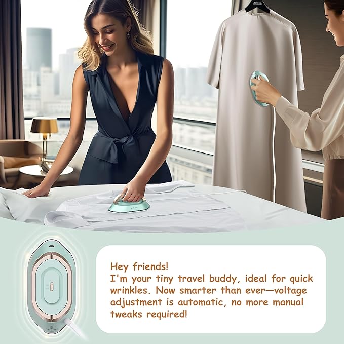 Newbealer Travel Iron with Global Voltage, 100-240V Mini Dry Iron for Clothes (No Steam), Max 300W, 60s Heat Up, 302℉ Non-Stick Ceramic Soleplate, 0.8lbs Ultra-Lightweight (Green)