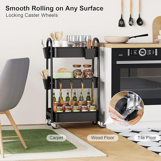 3 Tier Metal Rolling Cart with Lockable Wheels, Heavy Duty Three Tiered Baby Cart Organizer on Wheels, Black Utility Storage Trolley Carts for Art, Craft, Snack, Nursery, Diaper,Cleaning Supplies,Mesh