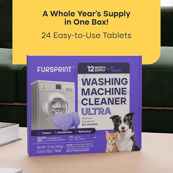 Washing Machine Cleaner Tablets Ultra – 40% Stronger Formula: Designed for Pet Owners, Removes Residue, Grime & Odors, Compatible with HE, Top & Front Load, 24 Pack – 12 Month Supply