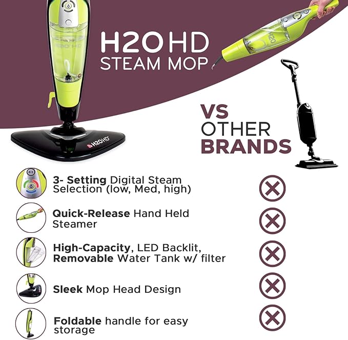 H2O HD 3-in-1 Steam Mop and Handheld Steam Cleaner For Floor Cleaning, Hardwood Floors, Grout Cleaner, Upholstery Cleaner, Tiles and Carpets