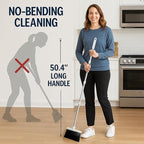 Broom and Dustpan Set for Home, Long Handle Upright Broom Dustpan Combo with Self Cleaning Dustpan Teeth, Standing Sweep Set for Kitchen Office Lobby Garage Floor Indoor Outdoor Cleaning