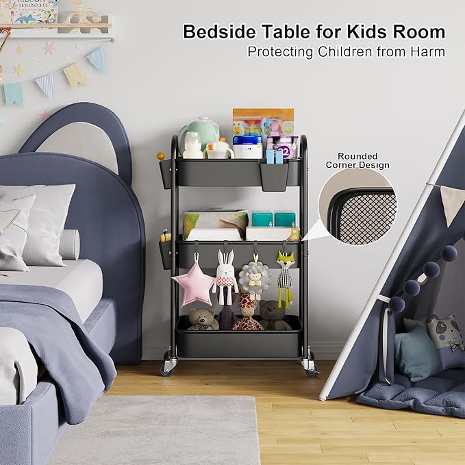 3 Tier Metal Rolling Cart with Lockable Wheels, Heavy Duty Three Tiered Baby Cart Organizer on Wheels, Black Utility Storage Trolley Carts for Art, Craft, Snack, Nursery, Diaper,Cleaning Supplies,Mesh