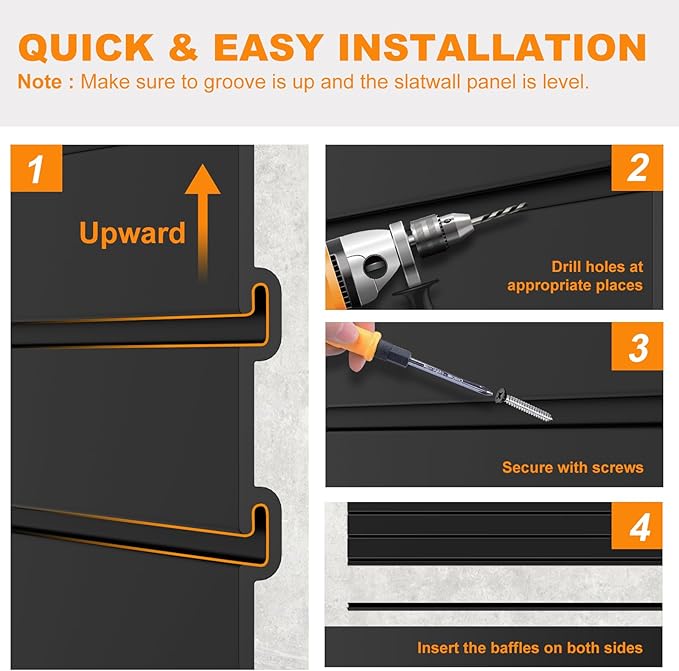 DoCred Slatwall Paneling Organizer, 4x4 FT PVC Garage Slat Wall Storage Systems, Heavy Duty Mounted Slat Peg Board for Tool Organization Ladder Bike Includes 20 PCS Hooks Accessories Kit (Black)