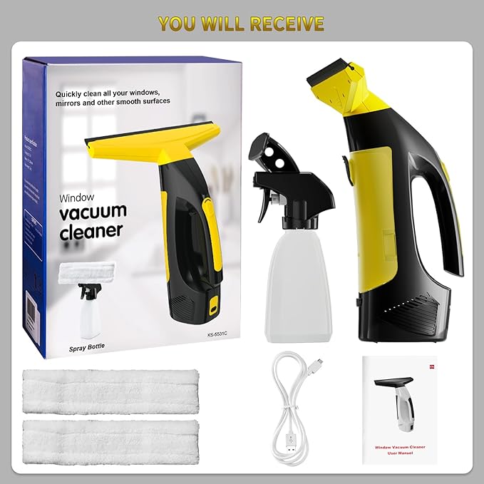 Window Vacuum Squeegee Cordless, Window Vac with Detachable Water Tank and Strong Suction, Electric Window Cleaning Tool for Shower Wall, Mirror, Glass, Car Windshield, Countertop, Tiles