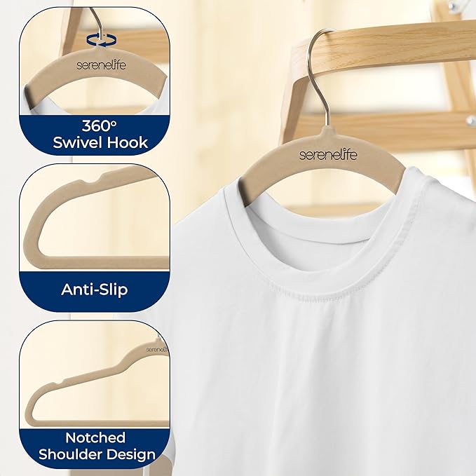 SereneLife 50 Pack Velvet Hangers - Non-Slip, 360° Swivel Hook - Ultra-Thin, Lightweight Velvet Hangers for Shirts, Sweaters, Hoodies, Kids Clothes & Dresses - Space-Saving