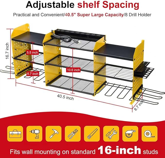 3 layers power tool organizer Loads 150lbs with 10 Cordless Drill Holder and 8 Outlet Power Strip,it’s good choice for husband birthday gift,yellow