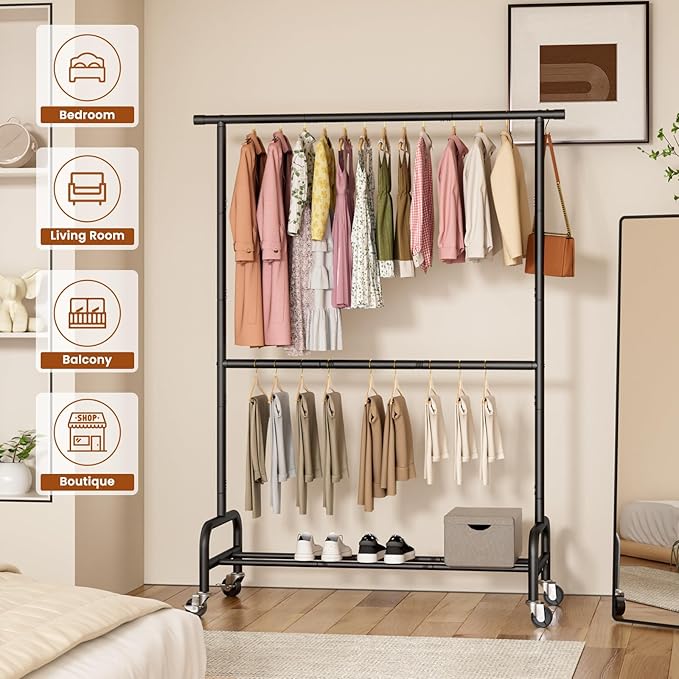 Abiglifty 2 Tier Clothes Rcks for Hanging Clothes, Heavy-Duty Clothing Rack with Wheels,150LBS Capacity, 42" W X15 D X 77" H Garment Rack with Bottom Shelf, for Bedroom, Living Room, Black