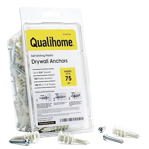 #8 Self Drilling Drywall Plastic Anchors with Screws - No Pre Drill Hole Preparation Required - 75 Lbs (100 Pack)