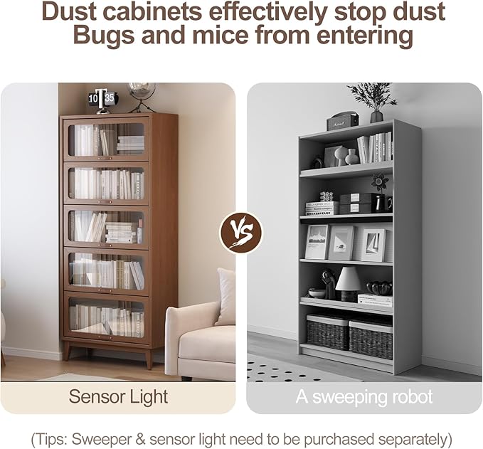 Solid Wood bookcase 5 Tier with Tempered Glass Flip-Up doors, 72Hx13.7Dx32W"Bookshelves Finish Cube Storage Organizer,Bookshelf Versatile Pantry Cabinet with Storage for Kitchen Home Office