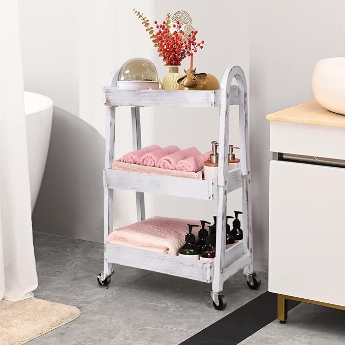3-Tier Rolling Utility Cart with Lockable Wheels Storage Slim Storage Heavy Duty Cart Mobile Shelving Unit Craft Narrow Organizer for Bathroom Laundry Kitchen (Vintage White)