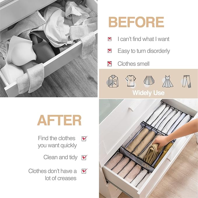 Wardrobe Clothes Organizer, 7 Grids Washable Portable Closet Organizer Mesh Separation Storage Box Foldable Closet Drawer Organizer for Underwear, Socks, Scarves, Jeans (Grey, 4 Jeans Grid)